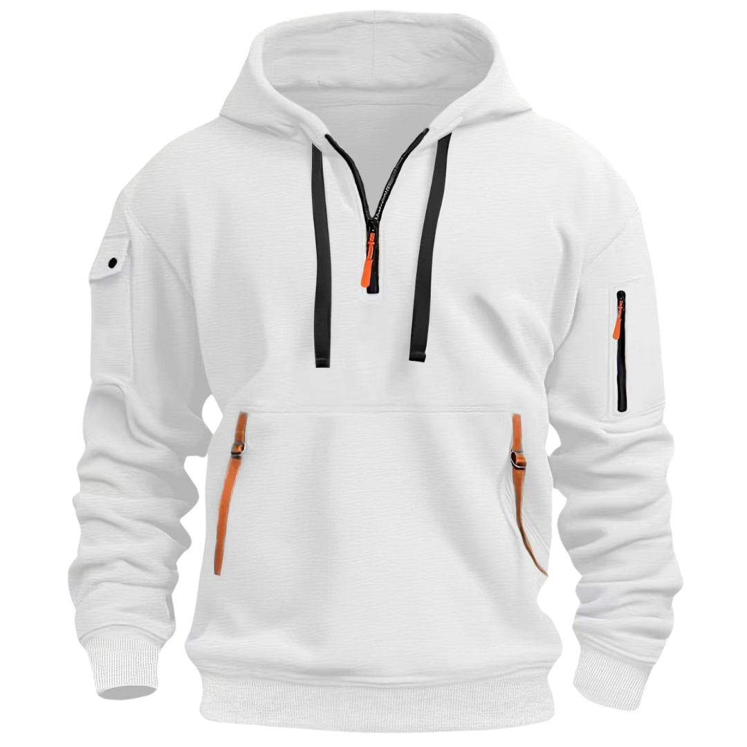 Sudadera blanca con capucha, diseñada con cierres en la parte delantera y en las mangas, y detalles en naranja. La sudadera tiene un diseño moderno y cómodo, ideal para actividades casuales.
