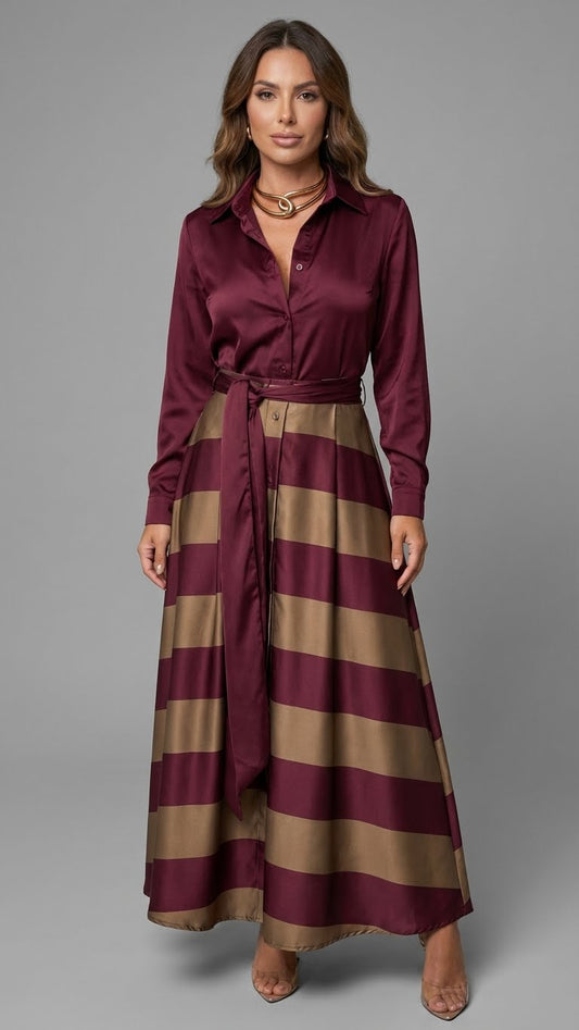 Nessia Vestido Camisero Largo a Rayas con Cinturón