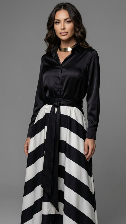 Nessia Vestido Camisero Largo a Rayas con Cinturón