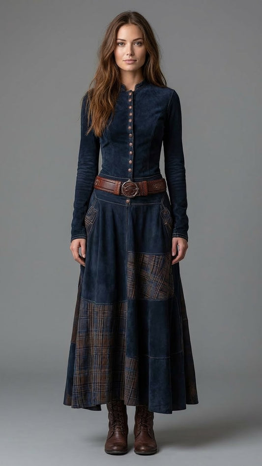 Lorena | Vestido largo vintage de ante de cuadros azul marino