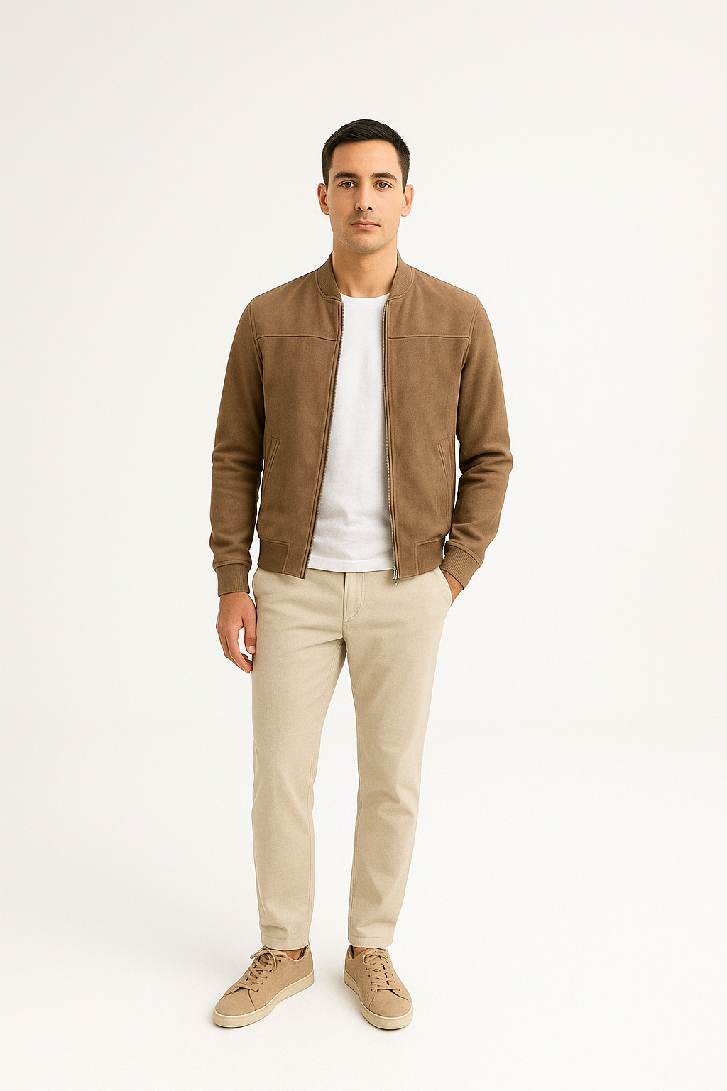 Un hombre de pie con una chaqueta marrón, camiseta blanca y pantalones beige, en un fondo blanco. Lleva zapatillas beige y tiene una expresión neutral.
